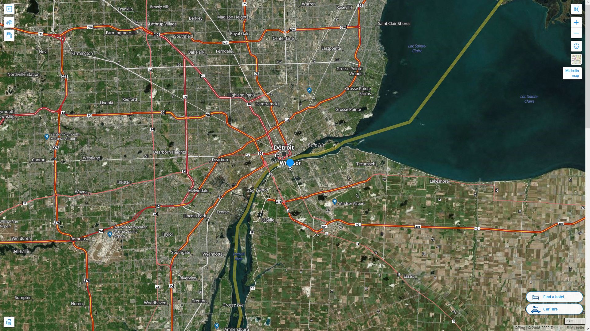 Windsor Canada Autoroute et carte routiere avec vue satellite